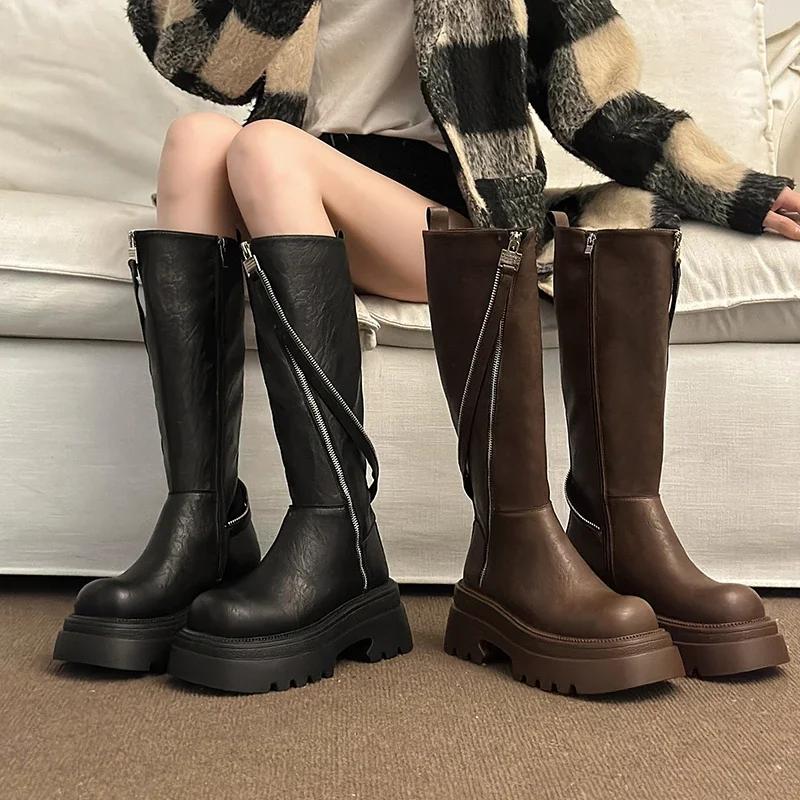 Women High Boots Square Heel Anti-slip Side Zip Winter Women Brand Designer Motorcycle Boots High Heels Outdoor Platform Shoes