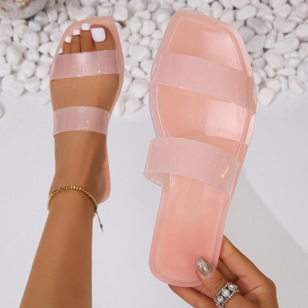2025 Candy Colored Jelly Slippers Transparent Square Toe Flip Flops for Women Open Toe Flat Casual Women Slides Beach Shoes