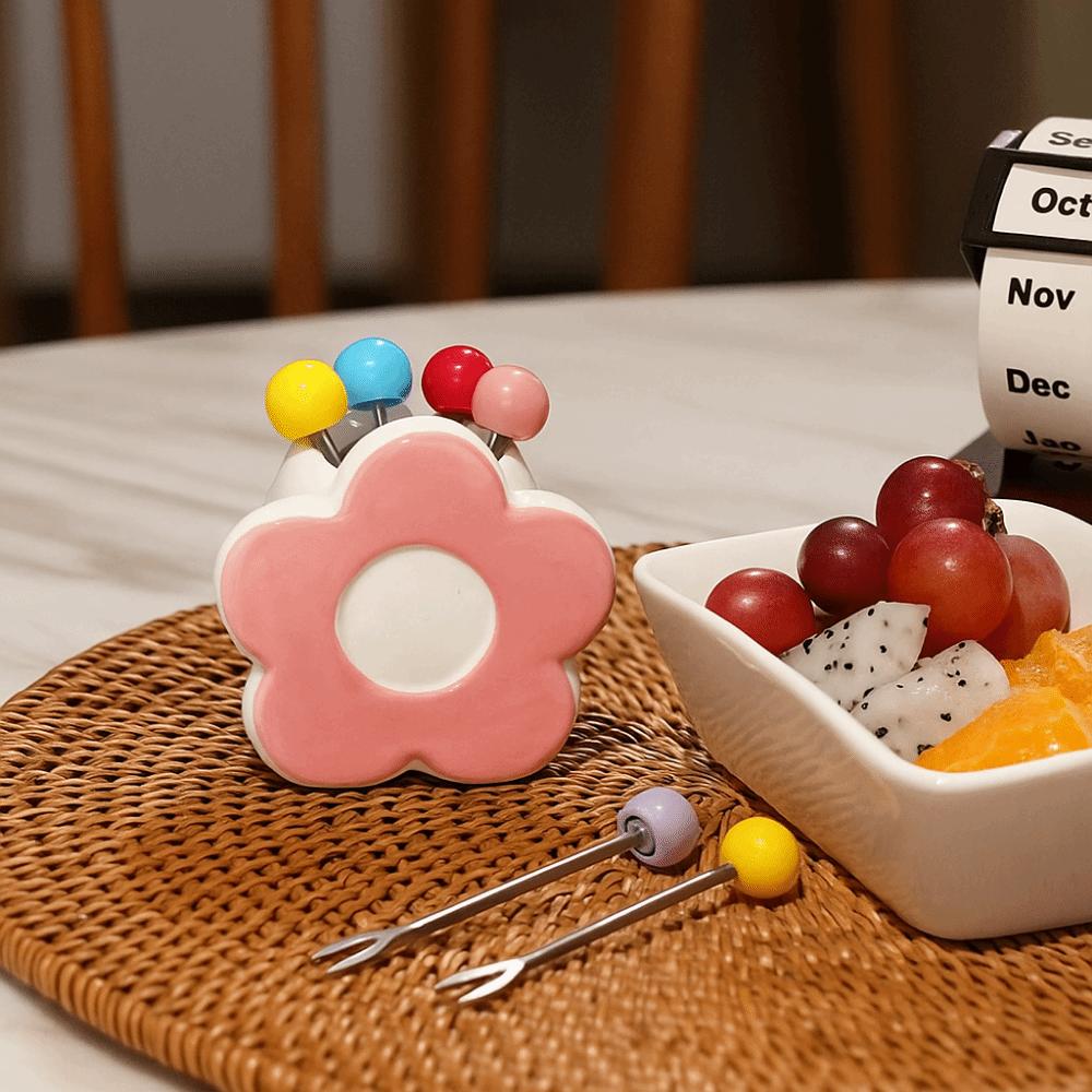 Reusable Dessert Forks Flower Shaped Colorful Fruit Fork Set Table Ornaments