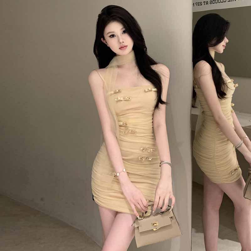 2025 Fashion New Women's Clothing Sweet and Sexy Backless Pleated Mesh Slim Dress