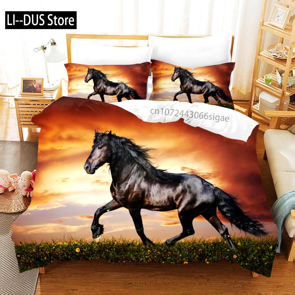Duvet Cover Running Horse Bedding Set Animal Duvet Cover Soft Comforter Grassland Queen Size For Decor Boy Teens Adult Bedroom