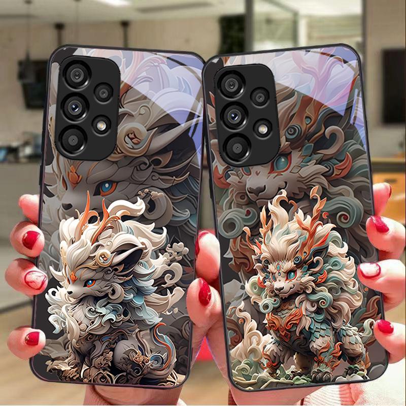 Chinese Style Lion For Samsung Galaxy S 8 9 10 20 Plus 21 FE 22 23 24 Ultra S7 Edge Black Tempered Glass Phone Case Hard Shell