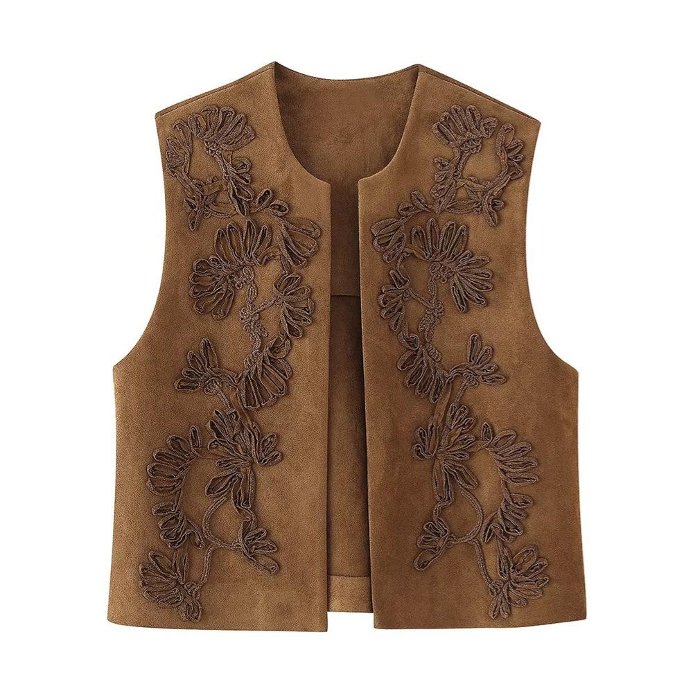 Spring/Summer 2025 Women's Slim Fit Sleeveless Vest with Versatile Embroidery Design in Suede Texture