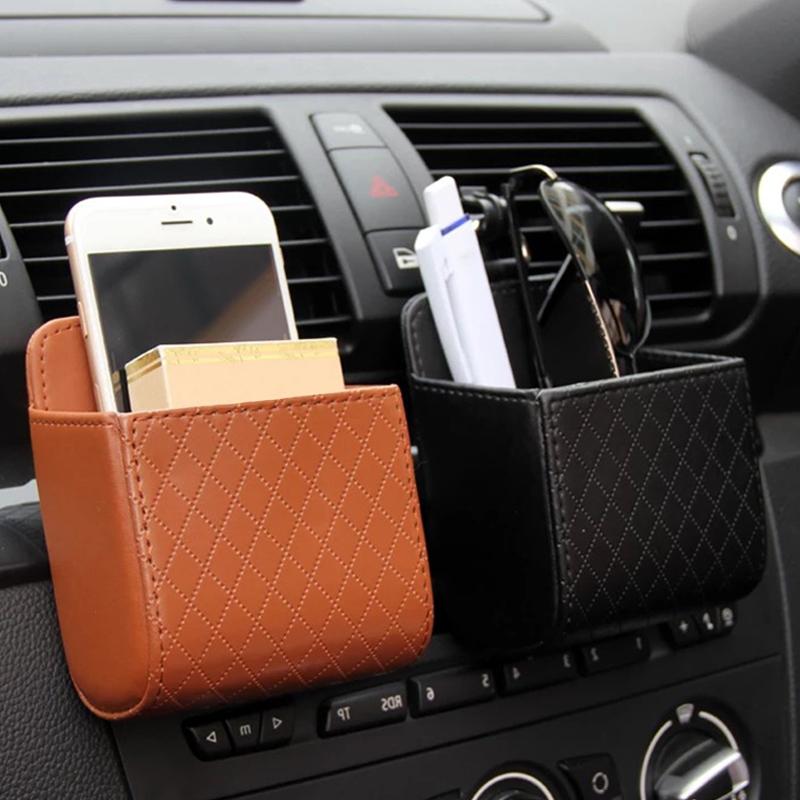 

Car Air Outlet Hanging Storage Box Mobile Phone Bag Trash Can PU Leather Car Phone Holder Stand Auto Interior Decor