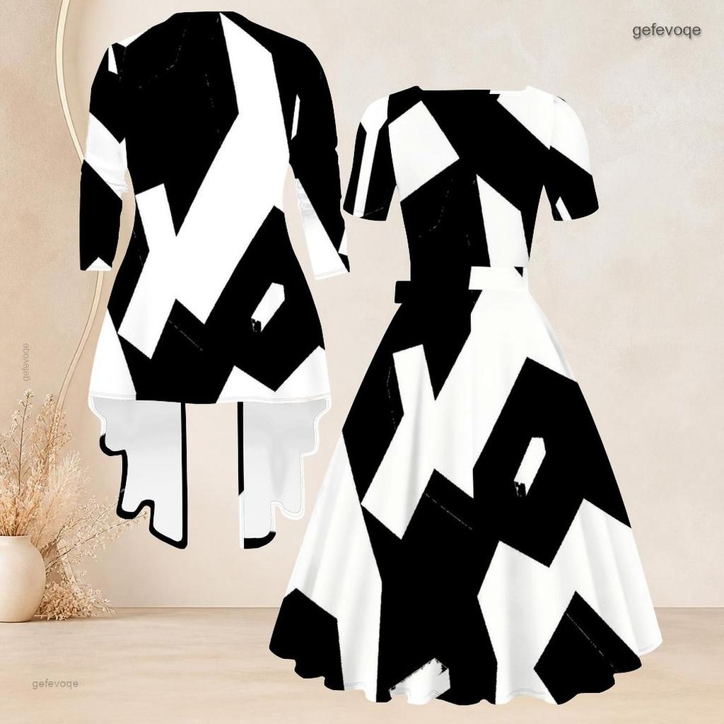 Women Plus Size Two Piece Set Square Neck Short Sleeve Tie Waist Printed Flared Dress 3 4 Sleeve Black White Cardigan