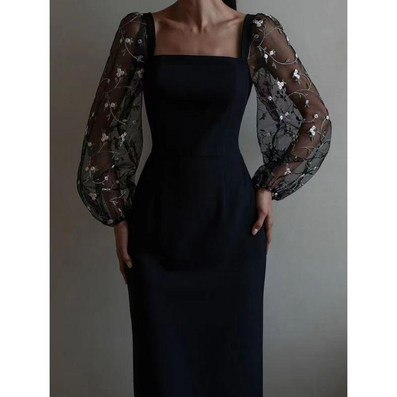 2024 Elegant Embroidered Spliced Hip Wrap Dress Sheath Dress