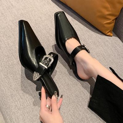 Sapatos femininos de bico quadrado, boca rasa com salto de mola, sapatos mule 2024, elegantes e elegantes, femininos, deslizantes, sem costas