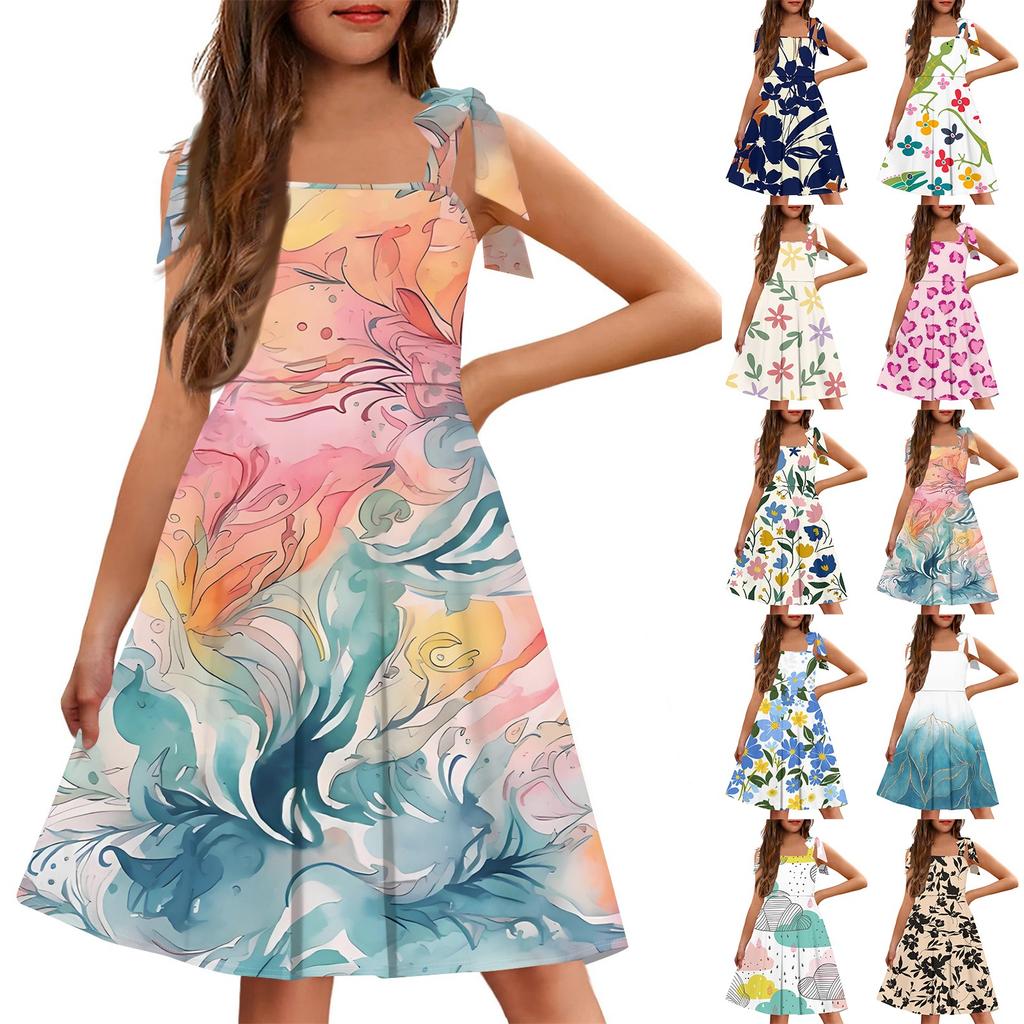 Barnejumpsuit uten mansjetter, lomme, firkantet hals, avslappet, blomstermønstret kjole