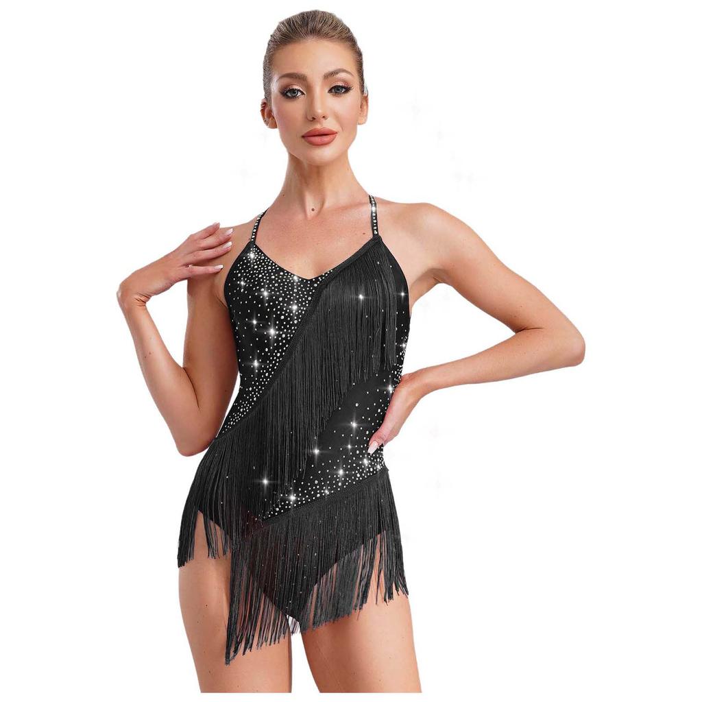 Womens Latin Dance Leotard Halter Neck Backless Design Rhinestone and Tassel Embellishments for Competitions and Shows