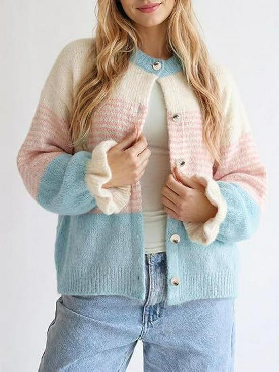 2026 European and American Color Block Striped Knit Cardigan for Women - Loose, Lazy Style Sweater Coat for Autumn/Winter
