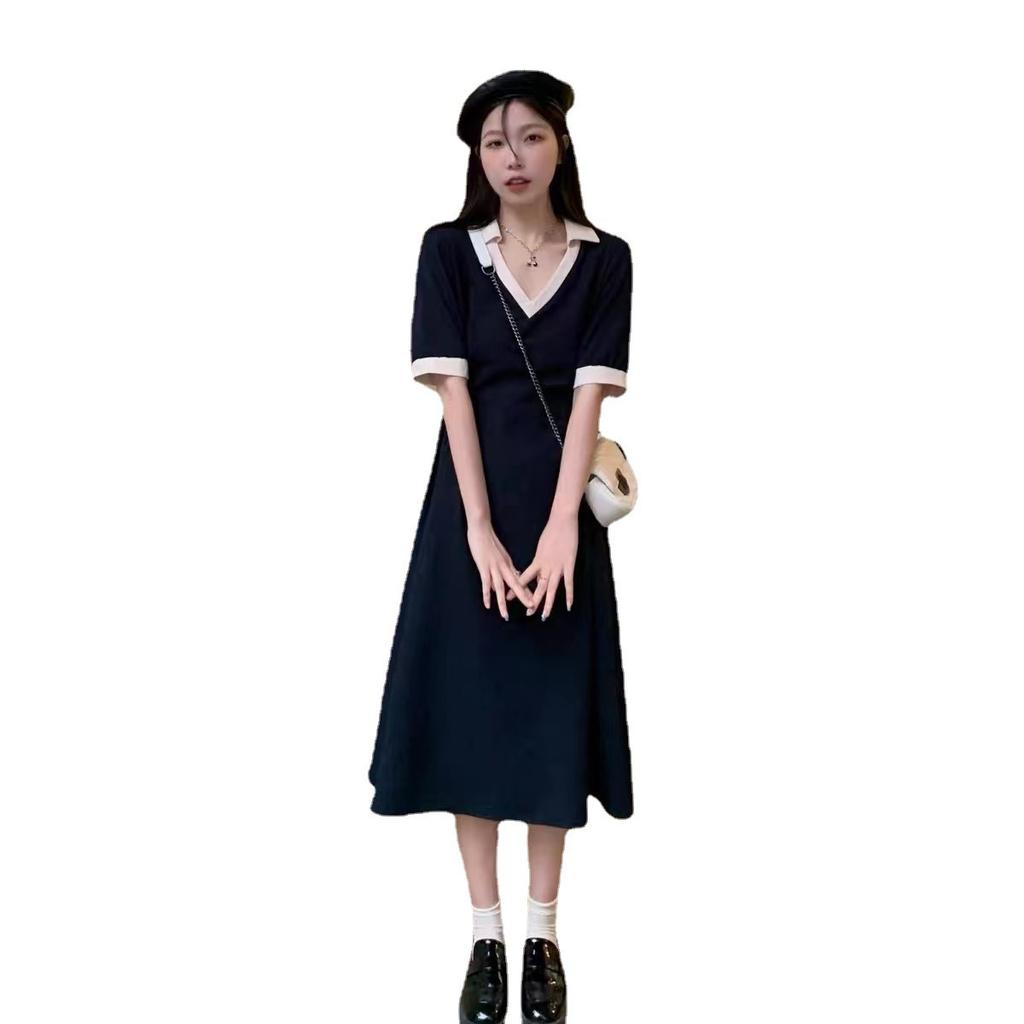Large Size Contrasting Color Polo Dress Women's Summer 2026 New Fat Mm Belly Cover and Thin Skirt Casual T-shirt Long Dress