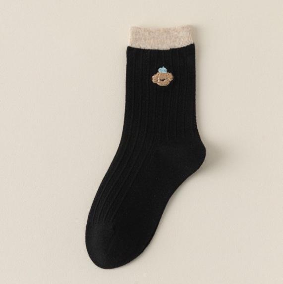 Puppy Embroidered Women's Mid-Calf Cotton Socks - Odor-Resistant, Anti-Pilling, Color Block Cartoon Style for Spring/Autumn