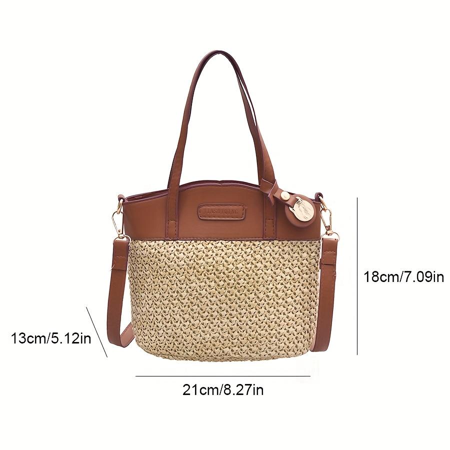 Stylish Woven Crossbody Bag for Women Casual Deep Brown PU Beach Bucket Bag with Polyester Lining and Zip Closure Grass Weaving Handbag