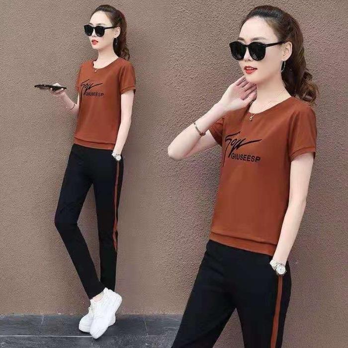 Sports Suit Women's Summer Fashion Round Neck Short-sleeved Trousers Sportswear Korean Version Slim Casual Two-piece Set