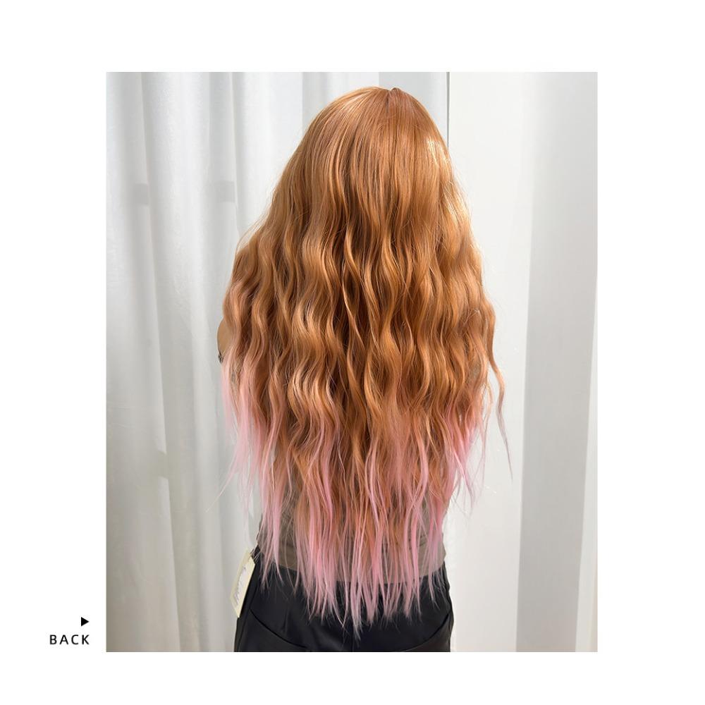 2024 New Brown Gradual Change Pink Hair Tail Dye Qi Bangs Big Waves Long Curly Hair Fashion Wig Full Head Hairstyle