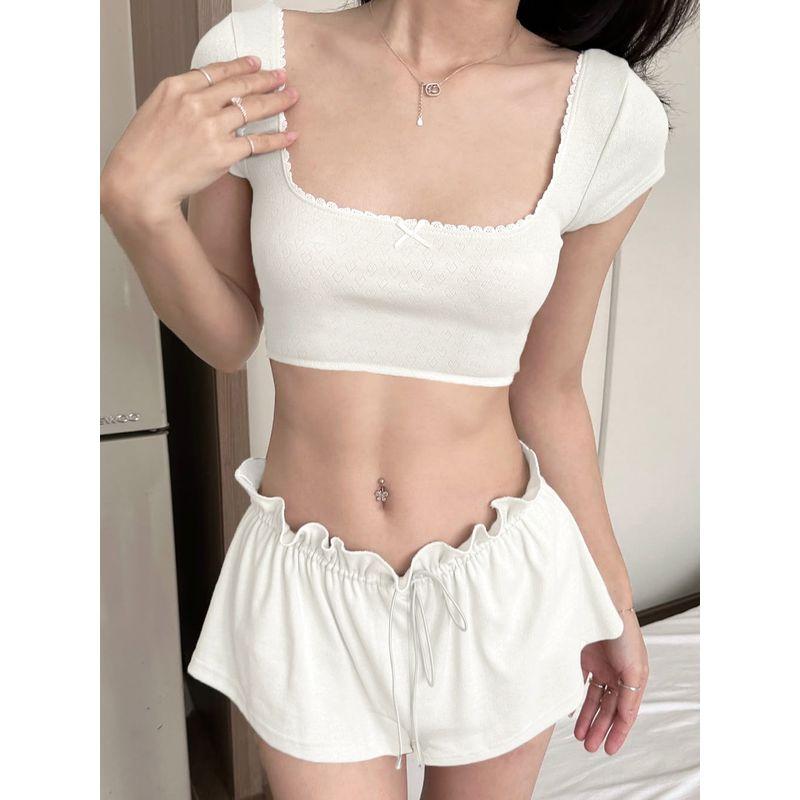 H Home European and American Women's Clothing Pure Desire Casual Home Sexy Suit Lace Square Collar Midriff-Baring Top + Ruffles Shorts