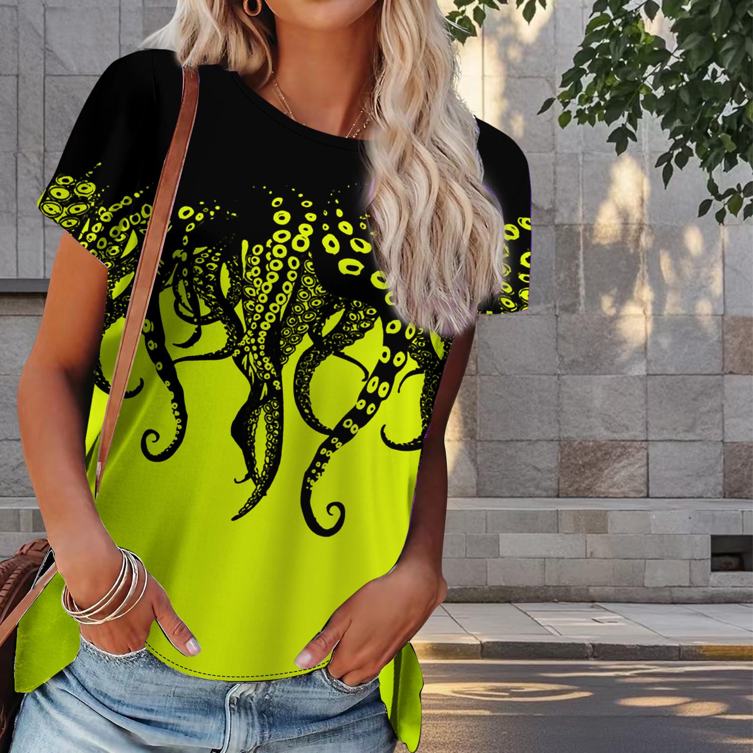 

Женская летняя футболка с принтом осьминога в стиле ретро, футболки с коротким рукавом, повседневные топы с принтом 8XL жёлтый