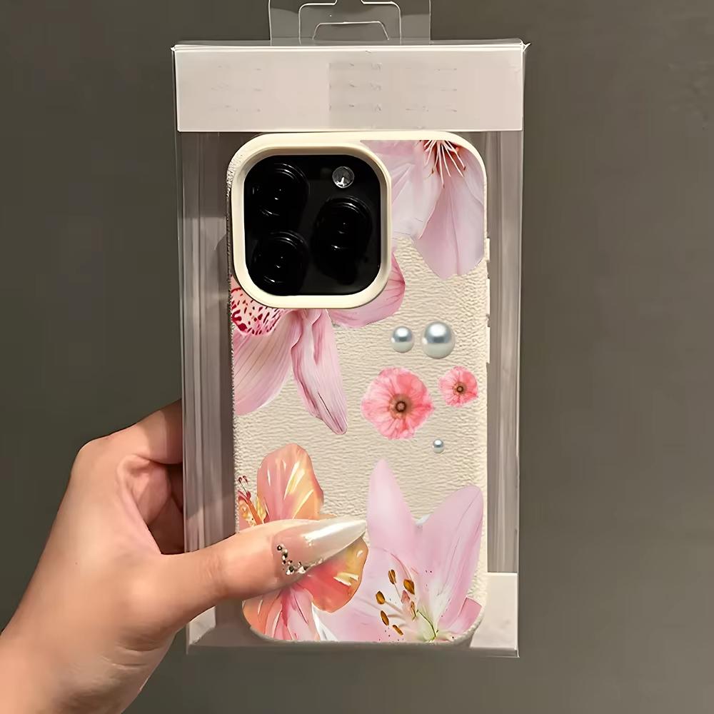 Cute Pearl Pink Floral Lychee Soft Phone Case For iPhone 11 12 13 14 15 16 17 Pro Max 15 14 Plus 17 Air X Xs XR Silicone Cover