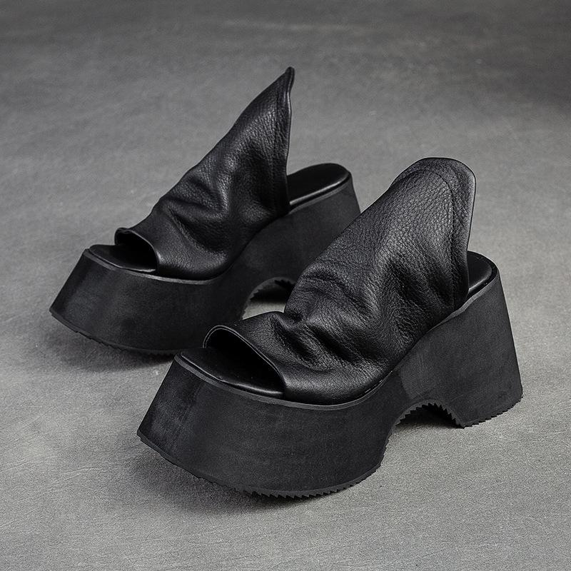 Johnature Women Platform Slippers Genuine Leather Thick Sole Wedges Slides Retro Fashion Peep Toe Shoes