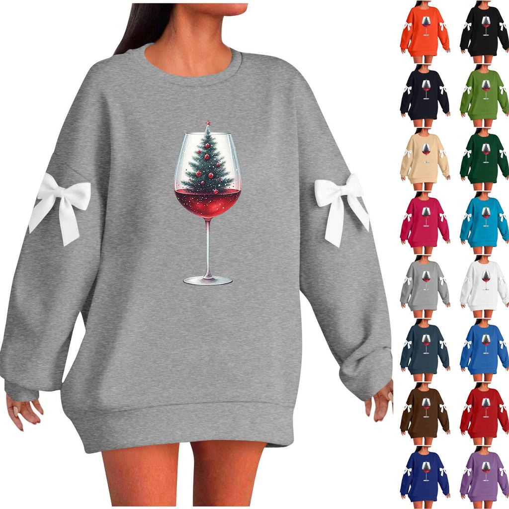 Ladies' Christmas Printed Bow Round Neck Long Sleeved Loose Pullover Sweater Sweatshirt Top