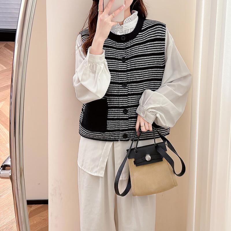 TonLion Women's Striped Round Neck Cardigan Vest