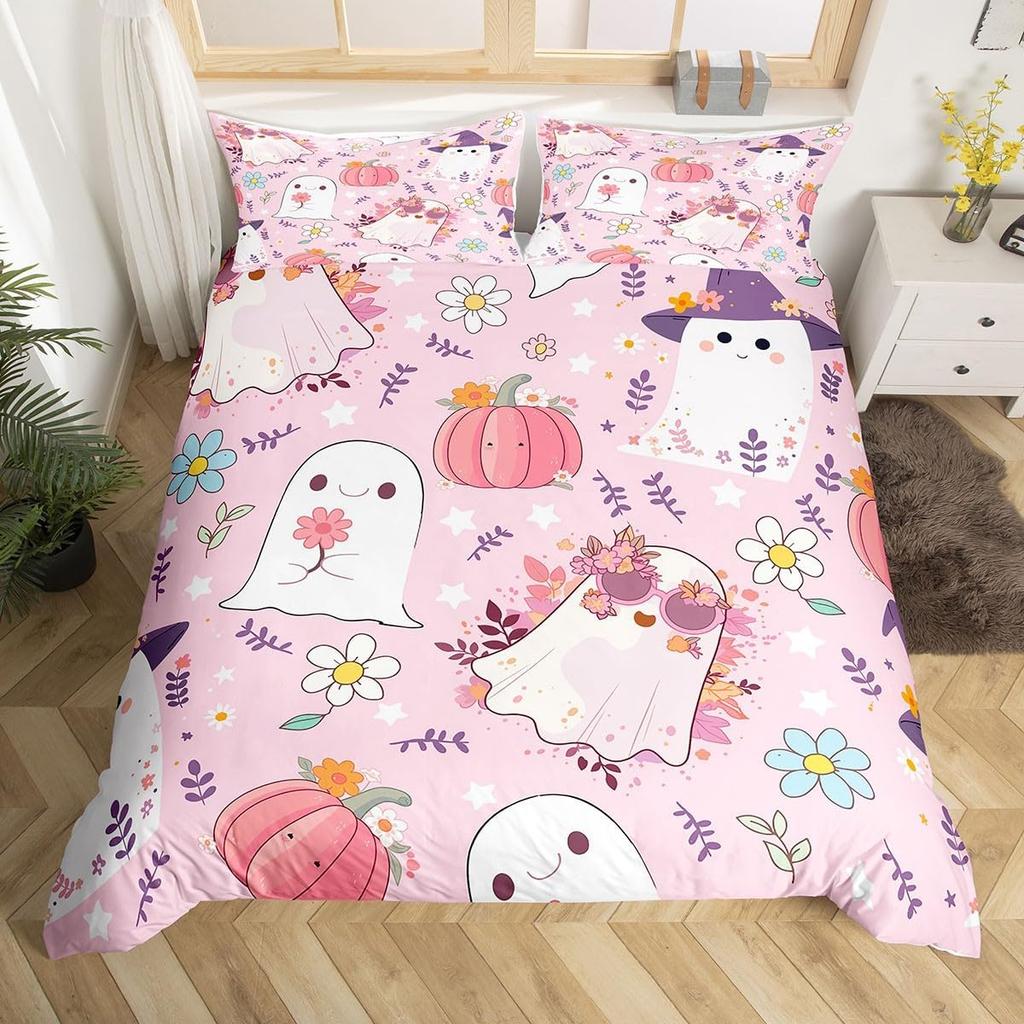 Halloween Ghost Duvet Cover Kawaii Cartoon Ghost Bedding Set Twin Queen For Boys Girl Room Decor Happy Halloween Comforter Cover