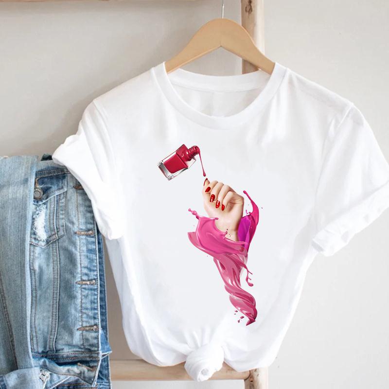 Summer Fashion Women T-shirt Short Striped Make Up Printing Spring Sleeve Lady Print Tee Top Female Clothing Casual Graphic T-shirt