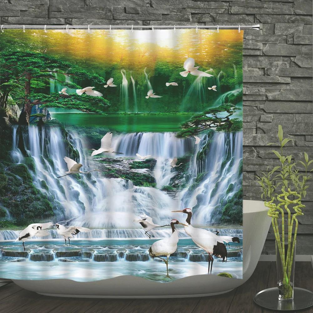 Green Forest Trees Scenery Bath Curtain Shower Curtains Bathroom Waterproof Polyester Fabric 3D Printed Bath Screen 12 Hooks Mat