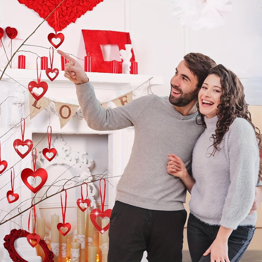 200pcs Red Heart Sequin Hanging Decorations - Valentine’s Day, Wedding & Birthday Party Decor - Glittery Plastic Heart Ornaments