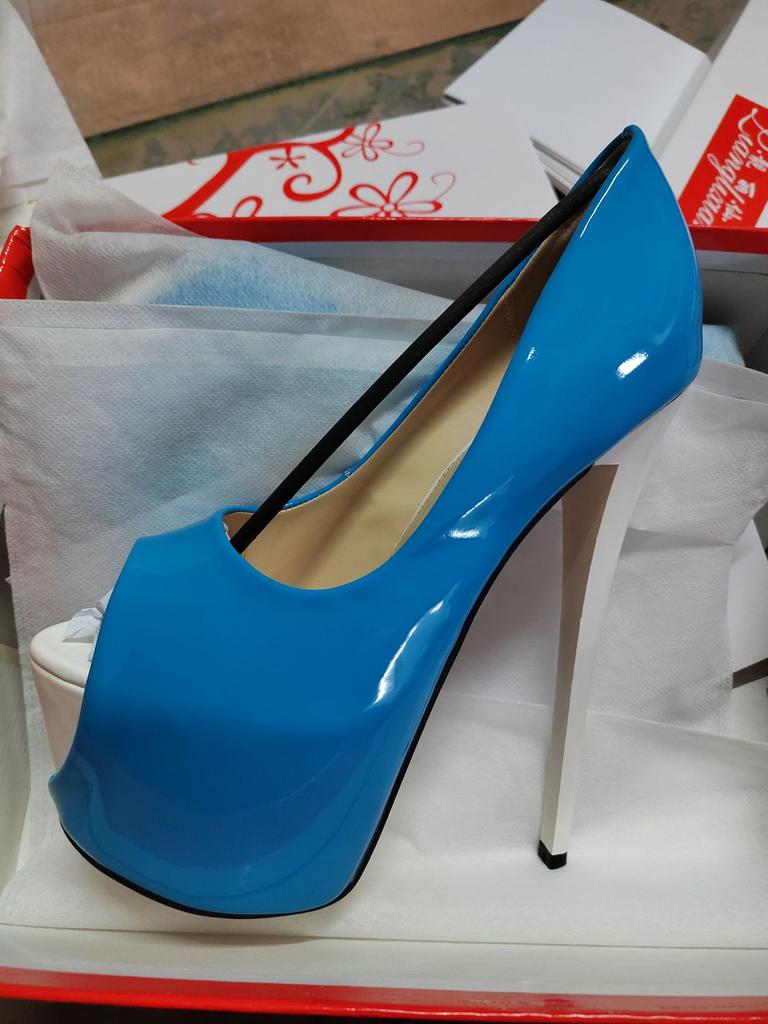 2026 new color matching outer height thin heel 19cm candy color patent leather fish mouth large size women's shoes hate sky high heels