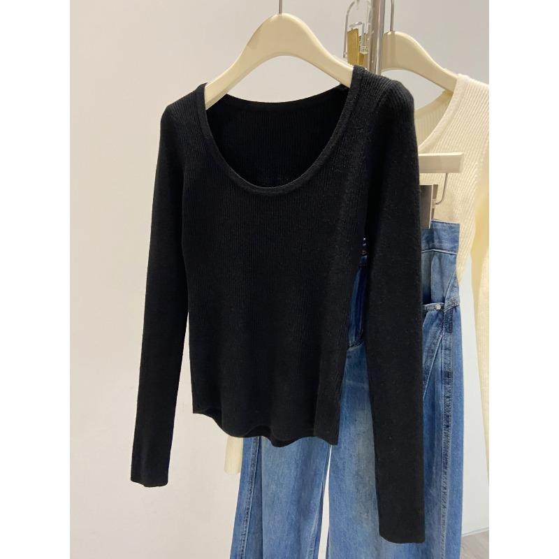 

Текстурный трикотажный свитер с U-образным вырезом, женский осенне-зимний, приталенный, мягкий и ворсистый, с длинным рукавом L чёрный