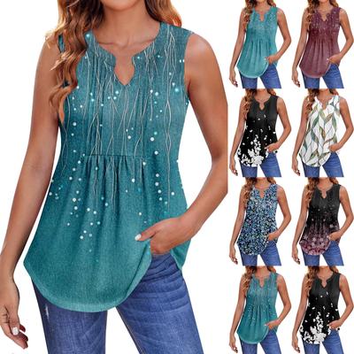 Womens Summer Tank Tops  Pleated V Neck Printing Casual  Top Tank Tops For Women Loose Fit Sleeveless Tunic Shirts