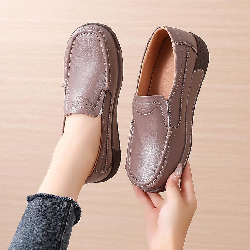 Genuine Leather Thick-Soled Loafers for Women - Soft, Casual Slip-On Shoes for All Seasons, Suitable for Pregnant Women
