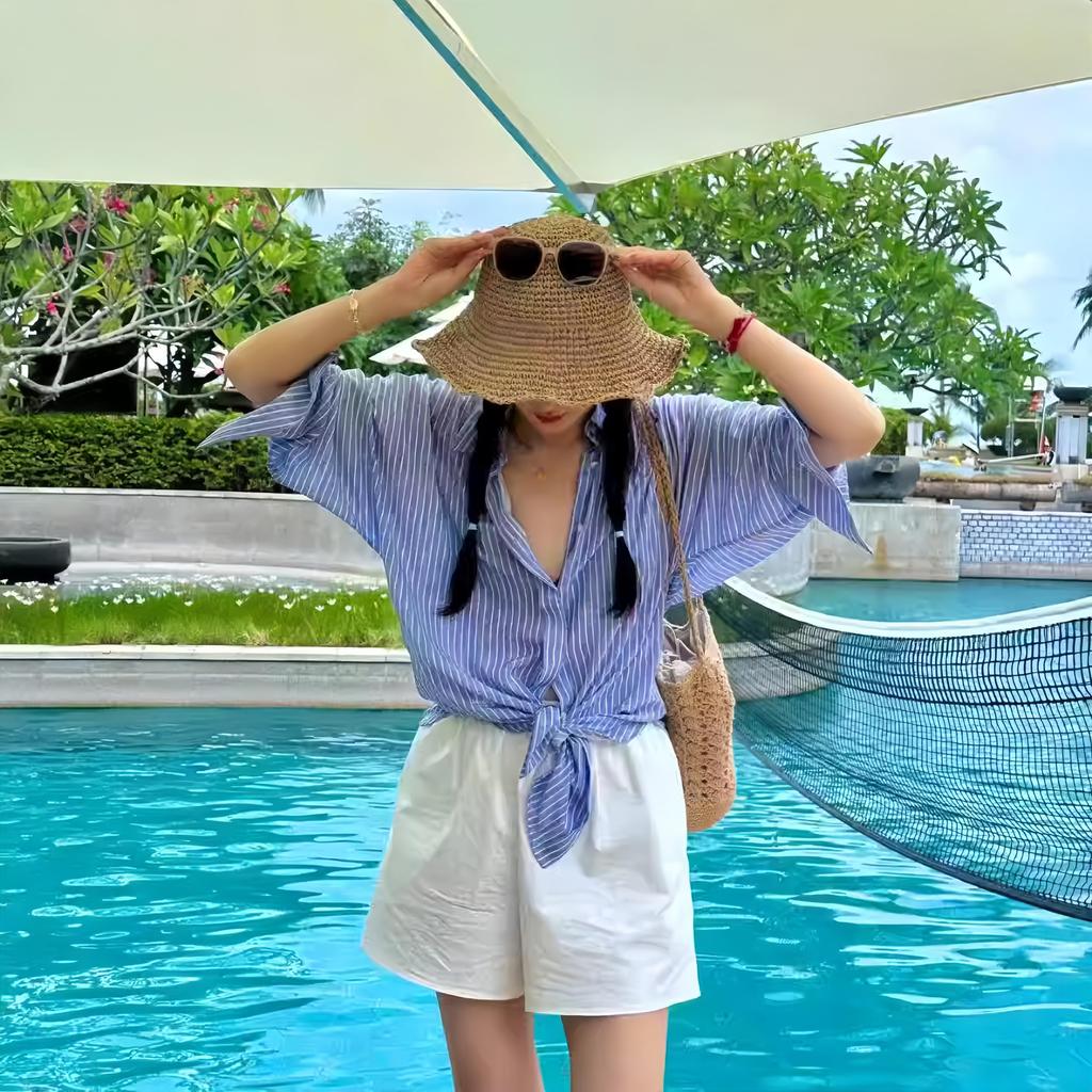 Women Hat Pure Handmade Woven Straw Breathable Summer Sunshade Hat UV Protection Seaside Vacation Fisherman Hat