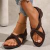 Fashion Vintage Open Toe Round Toe Crossover with Wedge Heel Roman Sandals Simple Temperament Versatile Slip Sandals Women