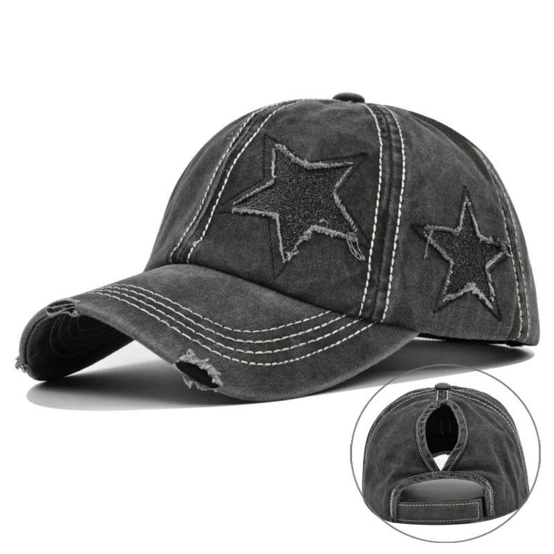 Women Ponytail Baseball Cap Washed Cotton Sun Hat Female Pentagram Sequins Hip Hop Snapback Hats Adjustable Sport Golf Hat Gorra