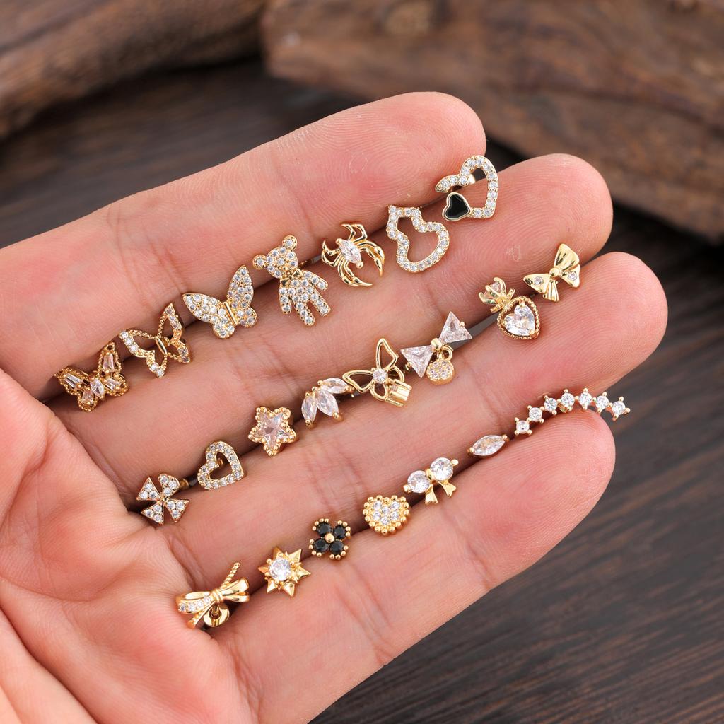 10Pcs/Set 20G Gold Cartilage Earring CZ Tragus Earring Bear Spider Design Helix Stud Rings Conch Ear 316L Steel Piercing Jewelry