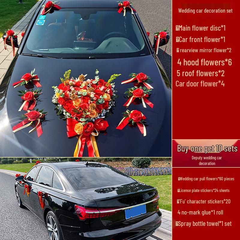 Complete Wedding Car Decoration Set: Front Flower Main Car and Lead Car Arrangement