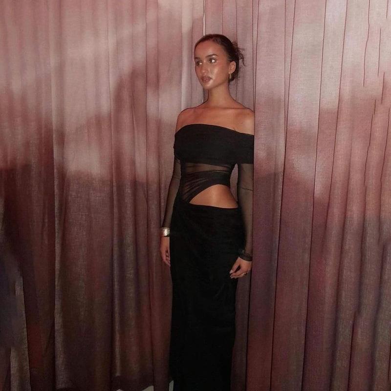 Jaro 2025 Dámské evropského stylu síťované dlouhé šaty na jedno rameno