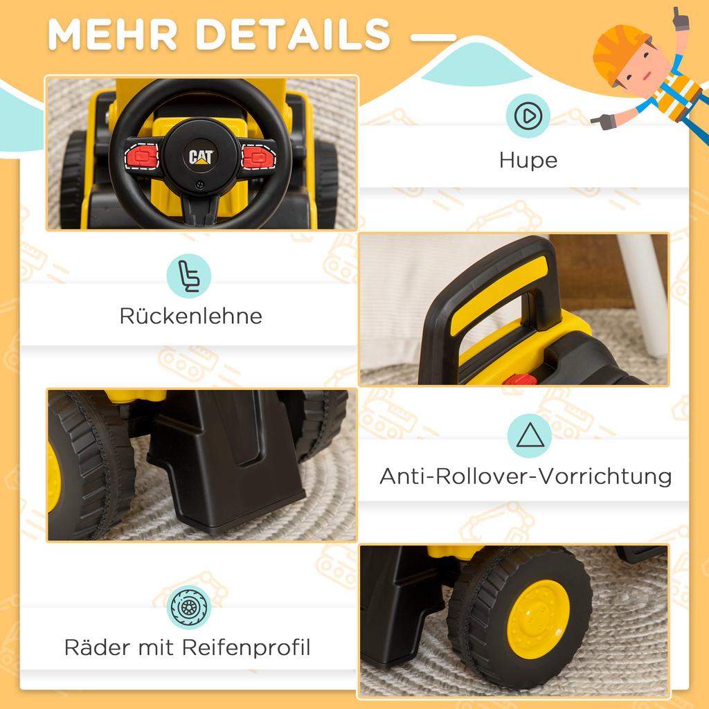 Kids Excavator, Ride-On, Operable Excavator Bucket, Anti-Tip Protection, Non-Slip Wheels, Yellow+Black, 78 x 29.5 x 54 cm
