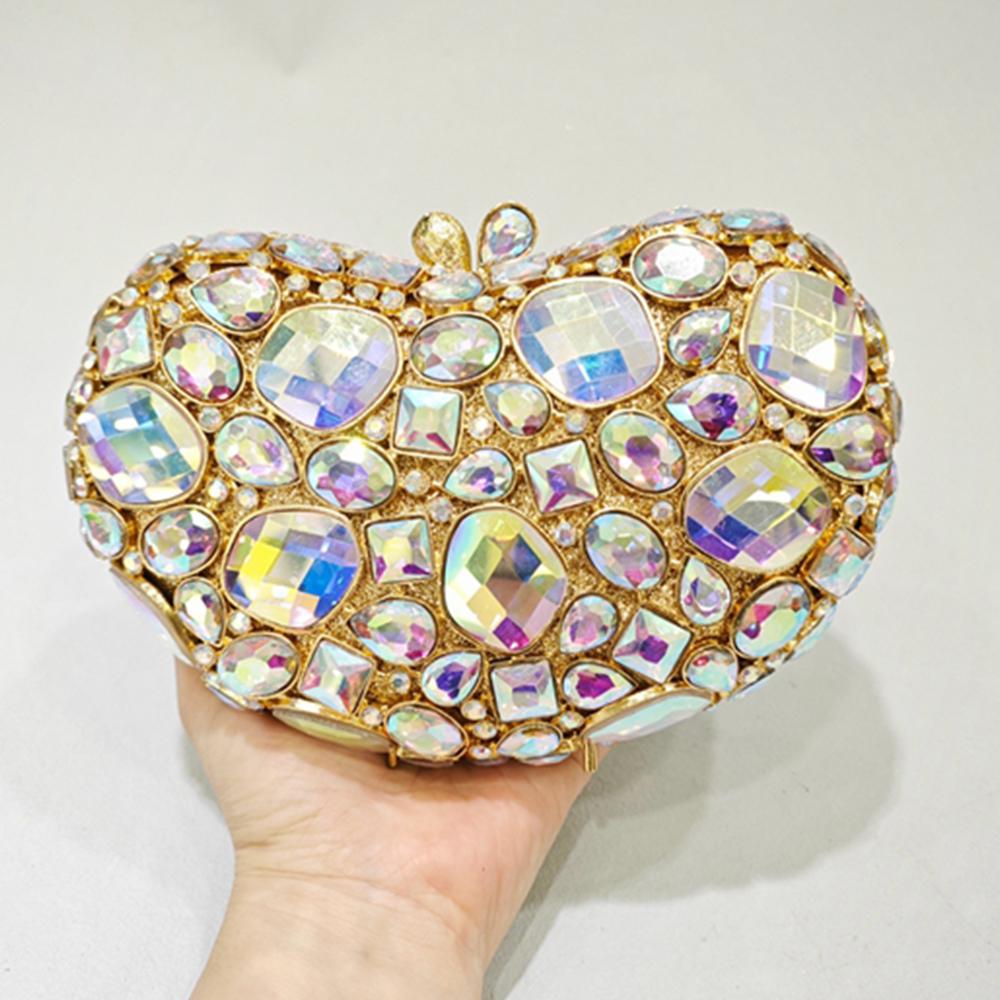 WHTUOHENG Green Stone Bags Heart Shape Silver Crystal Evening Purses Women's Diamond Wedding Bridal Clutches Rhinestone Bags