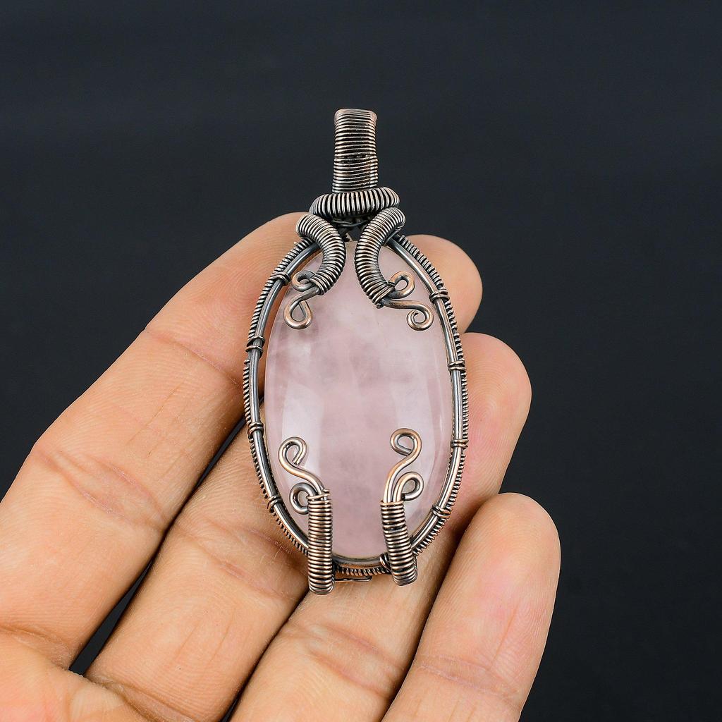 Rose Quartz Jewelry, 999 Copper Wire Wrapped Pendant Handmade Gemstone Jewelry, Gifts For Wife Brand New Pendant