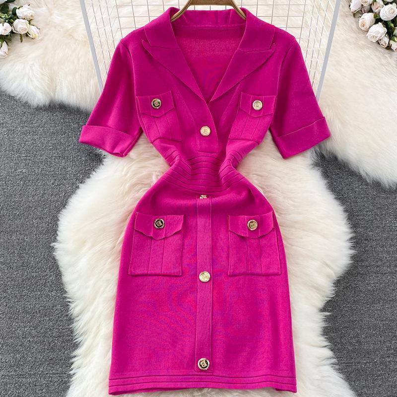 Women's Summer Knit Polo Collar Dress with Metal Buckle & Pockets - White, High-Quality Designer