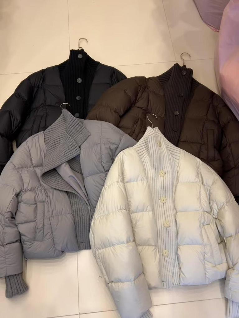 2026 Winter Women's Knit Patchwork White Duck Down Jacket - European & American Fashion Loose Fit Warm Outerwear