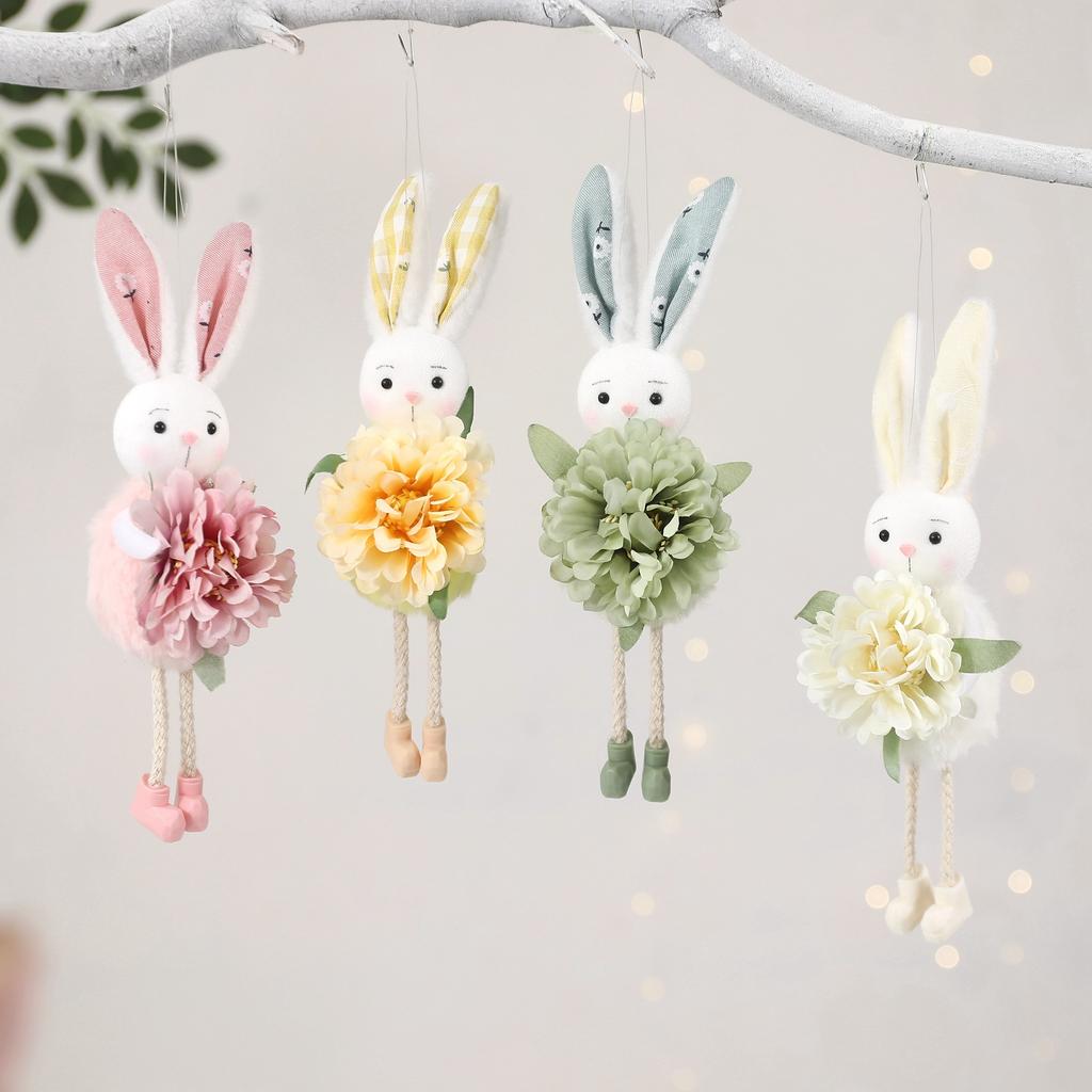New Flower Fairy Bunny Rabbit Dolls Hanging Ornaments Pink White Yellow Green Kids Girls Gifts Easter Home Decor