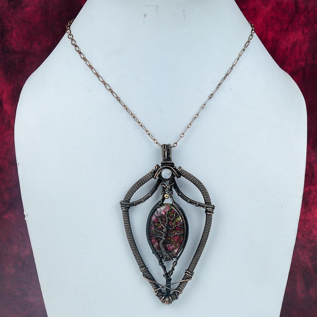 Tree Of Life Copper Thulite Gemstone Pendant Copper Wire Wrapped Jewelry Rainbow  Moonstone Pendant