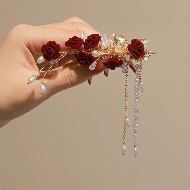 Red Camellia Tassel Hair Clips for Bridal Updo or Evening Gown