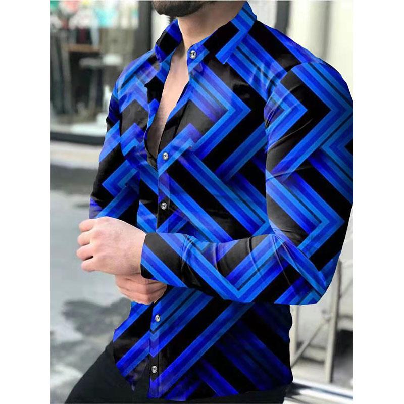 2026 Europa e Estados Unidos Nova Primavera Camisa Masculina de Manga Longa Camisa Plus Size Gradiente Slim Estampa Geométrica Camisa Casual