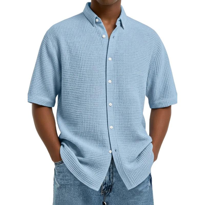 Men's Short-Sleeve Waffle-Knit Collared Shirt - Breathable Casual Button-Down Loose-Fit Top