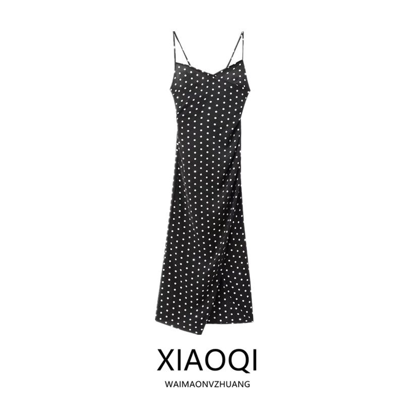 Fashion Style 2024 Summer New Arrival Women's Sling Ruched Decorative Polka Dot Print Midi Skirt Dress 2976764